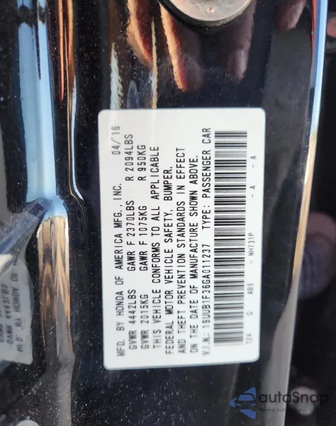 2016 Acura Tlx from USA, damaged, VIN 19UUB1F36GA011237